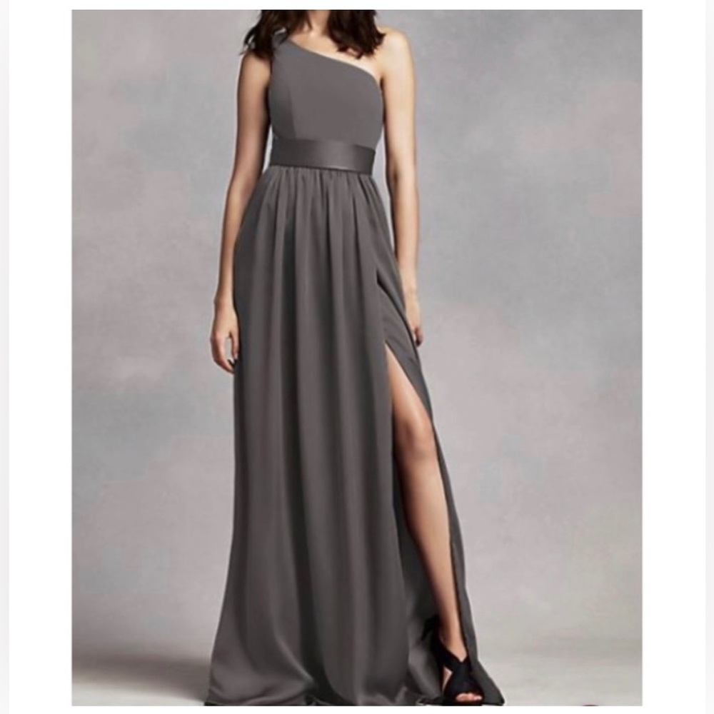 White by VERA Wang Charcoal Satin One-Shoulder Gown, Sz 10
